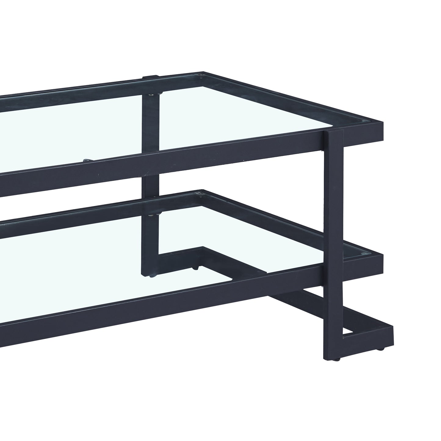 The Clara clear glass coffee table with matte black frame is generous in size and features two tiered display shelves.