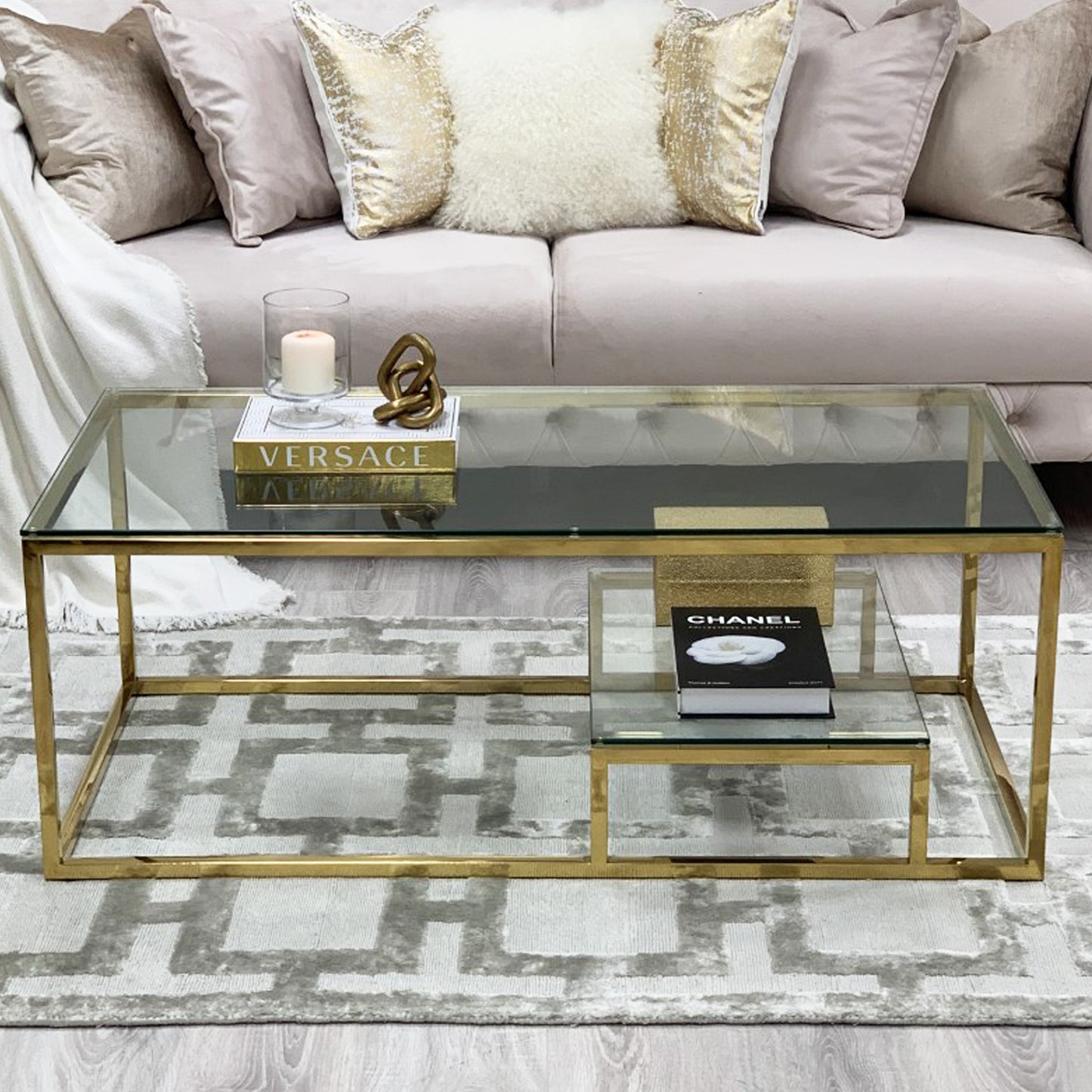 Enzo Minimalist Glass Coffee Table With Gold Legs