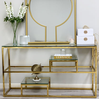 Enzo Minimalist Glass Console Table With Gold Legs
