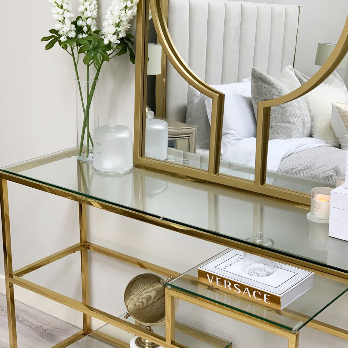 Enzo Minimalist Glass Console Table With Gold Frame
