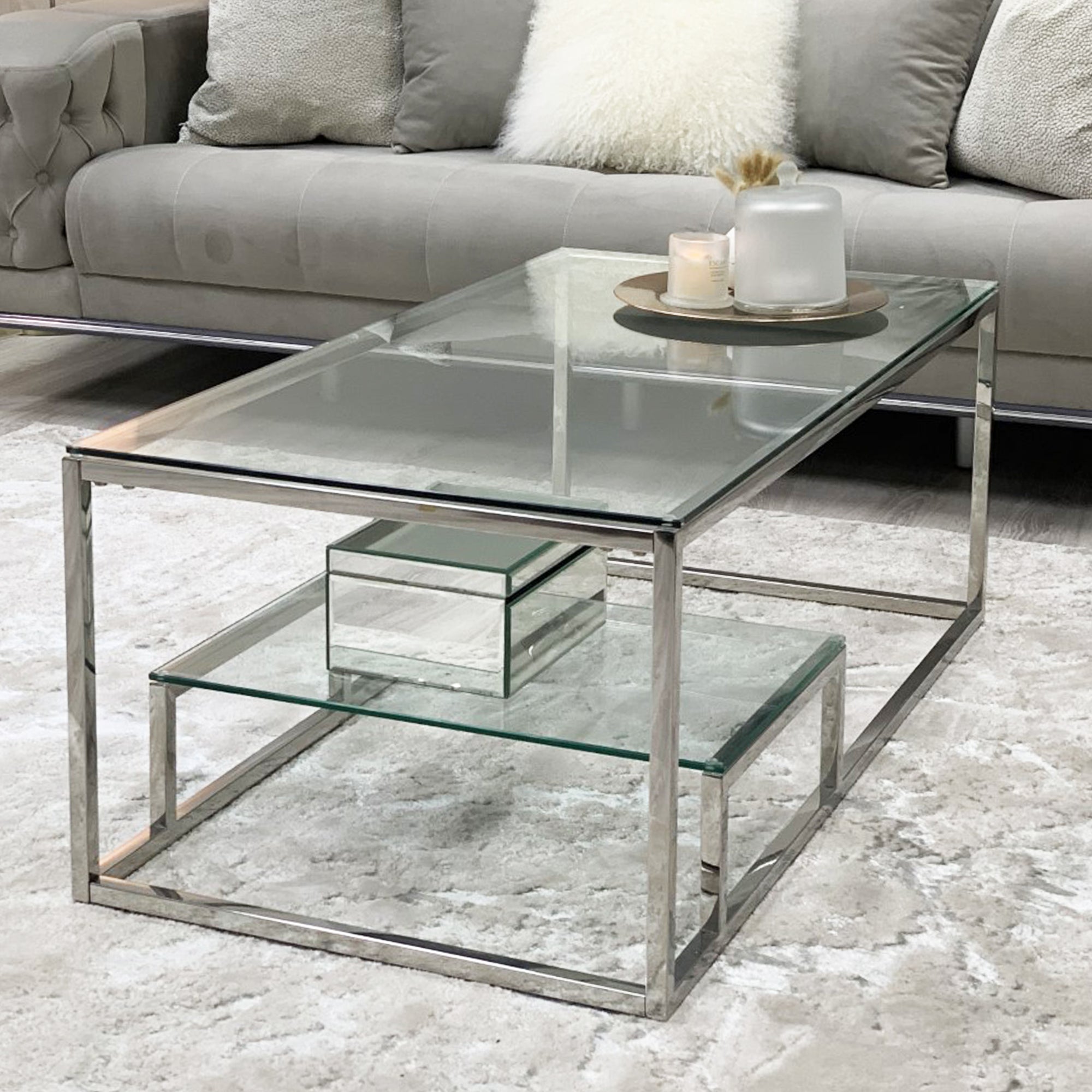 Enzo Minimalist Glass Coffee Table With Silver frame