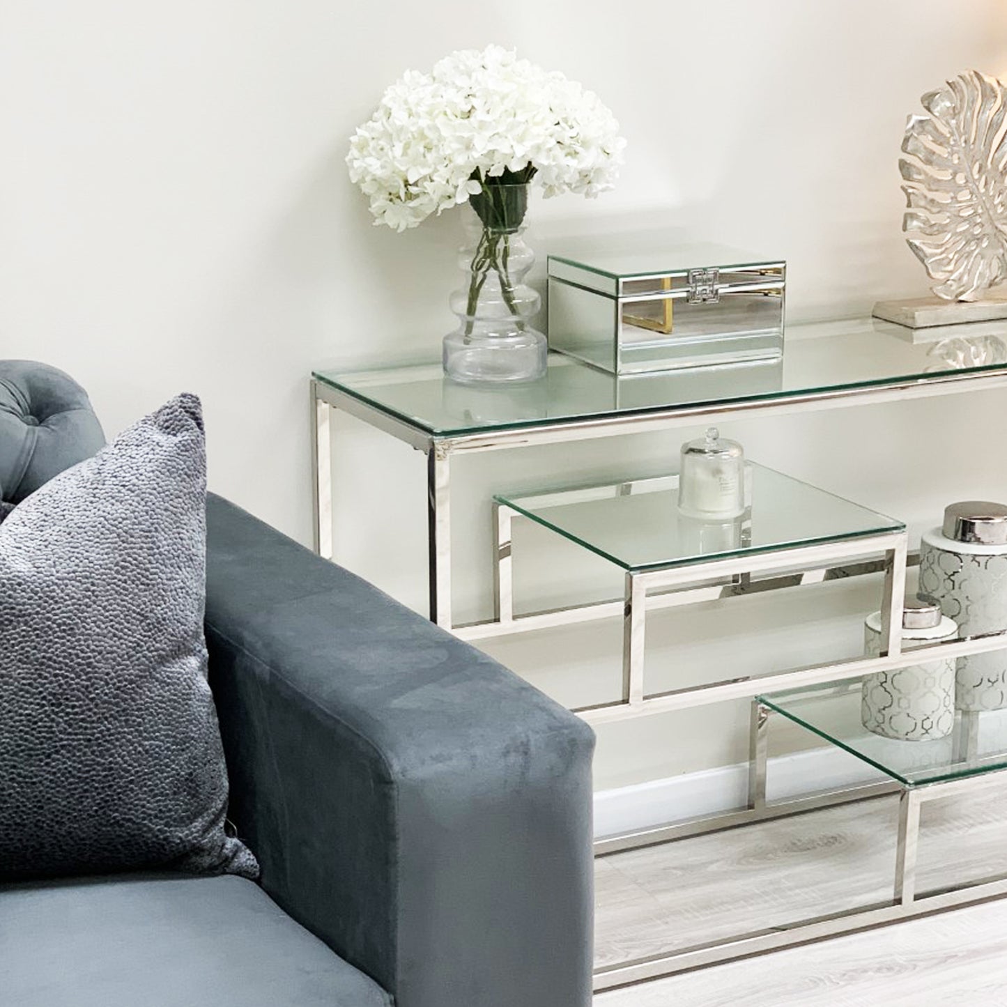 Enzo Minimalist Glass Console Table With Silver Frame