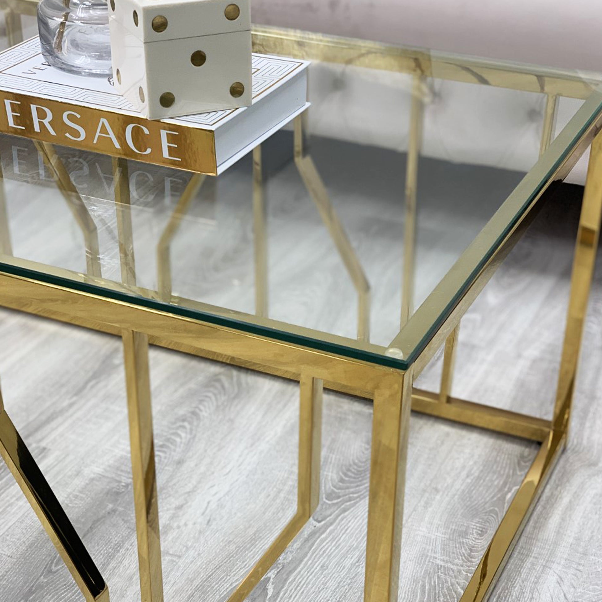 Aria Gold Deco Coffee Table With Clear Glass Top