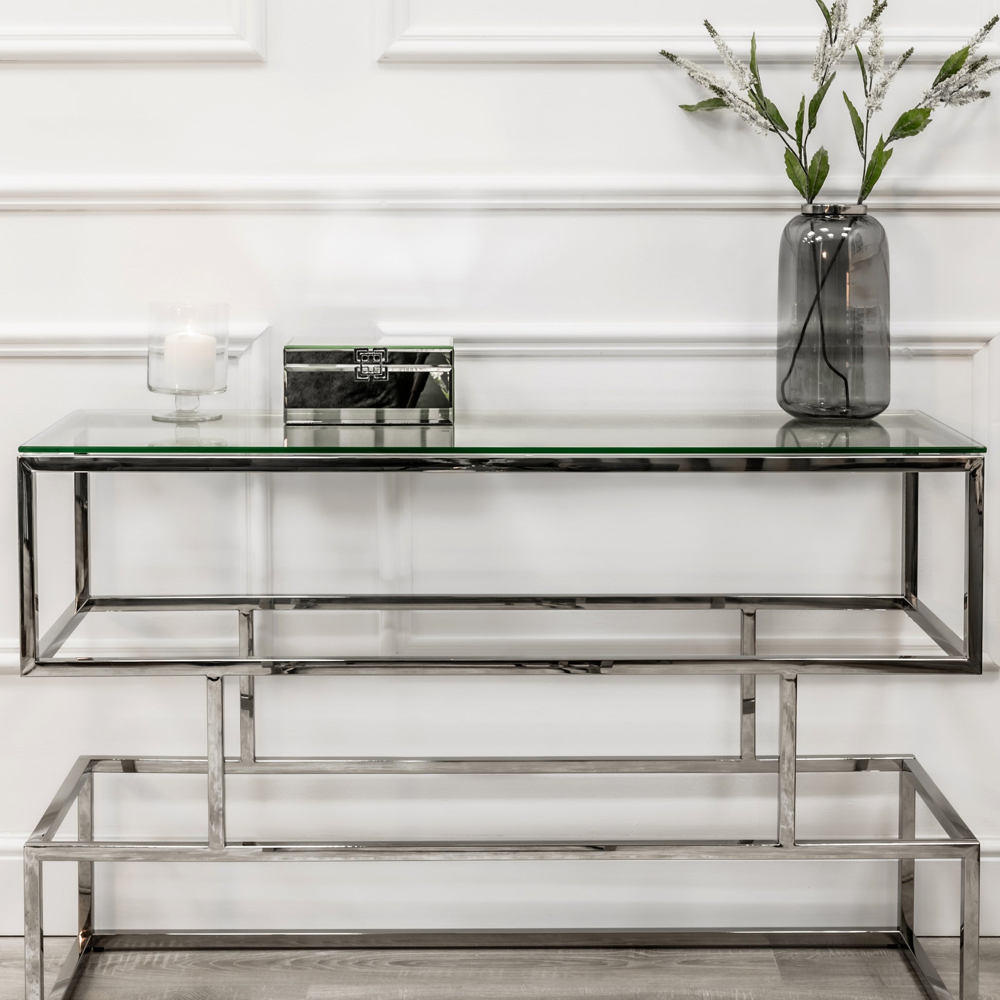 Lina Clear Glass Console Table With Silver Frame
