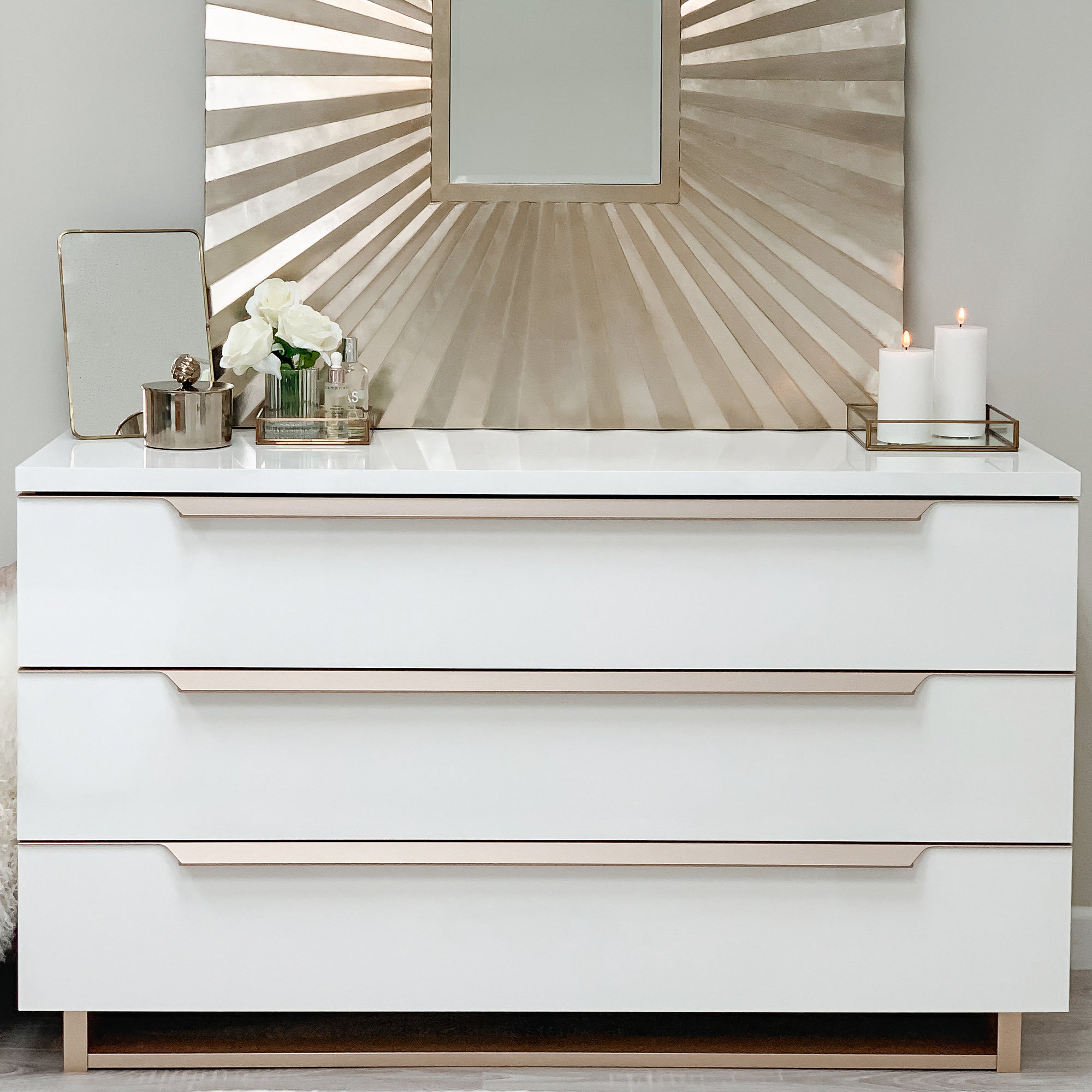 Lexi White and Gold Three Drawer Dresser