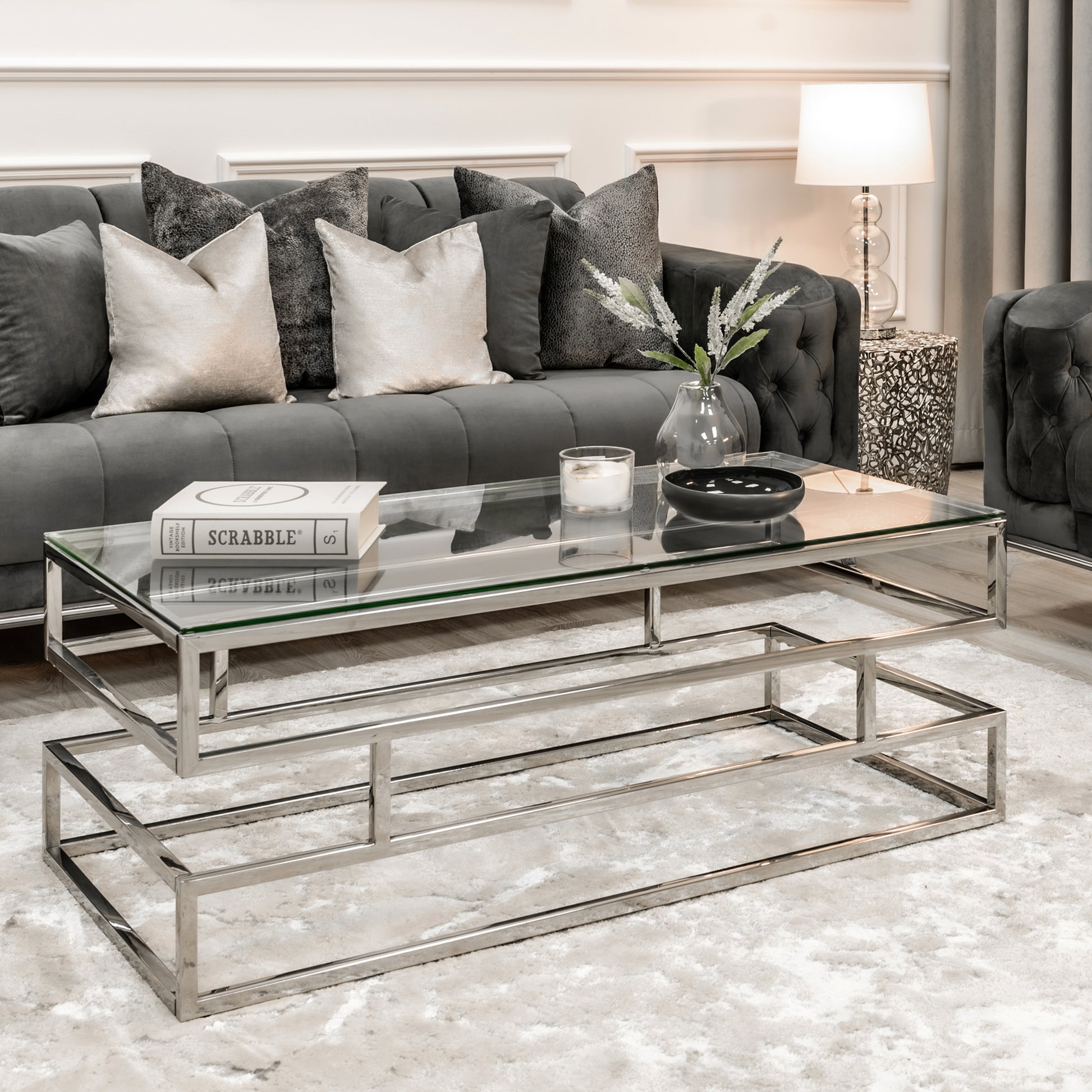 Lina Clear Glass Coffee Table With Silver Frame