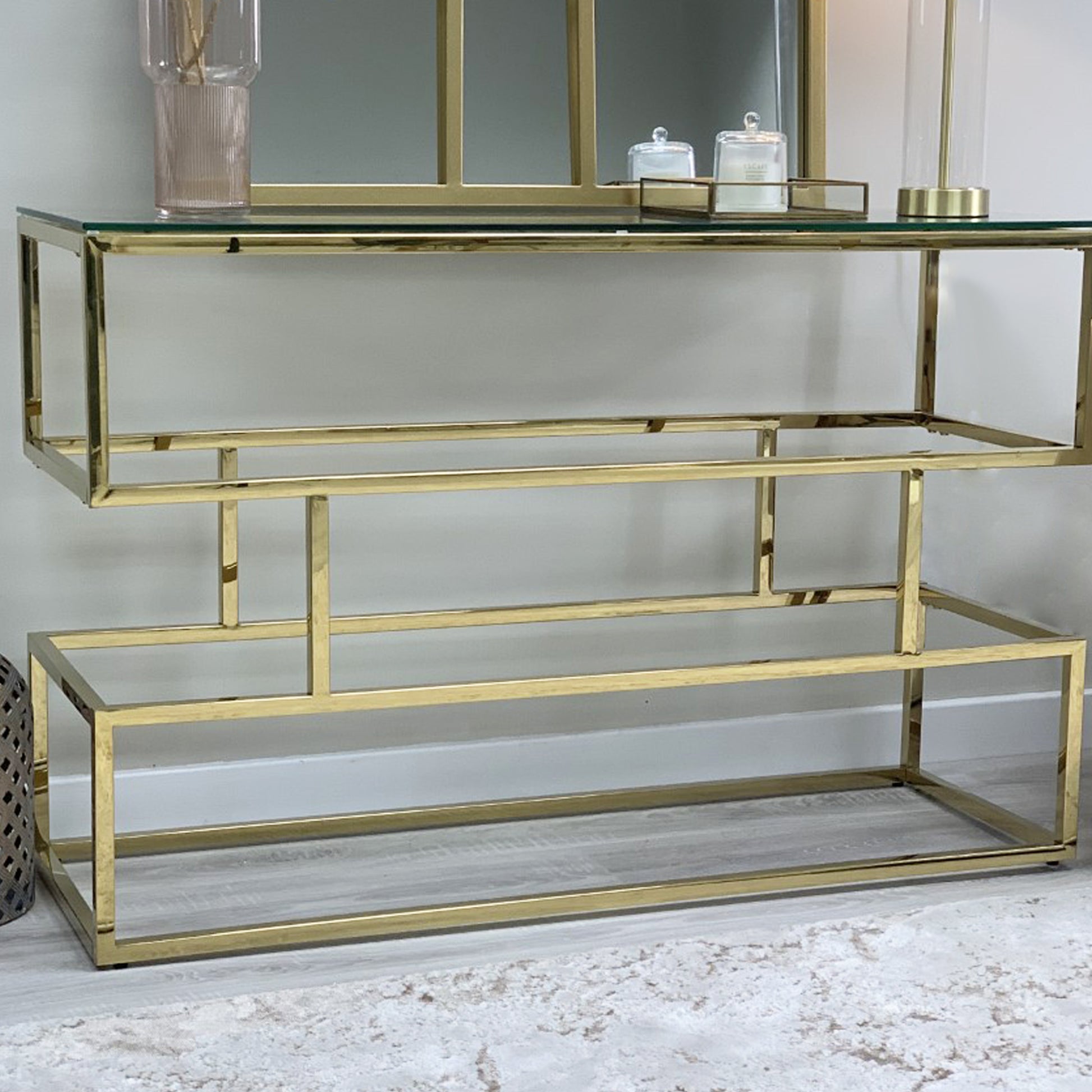 Lina Clear Glass Console Table With Gold Frame