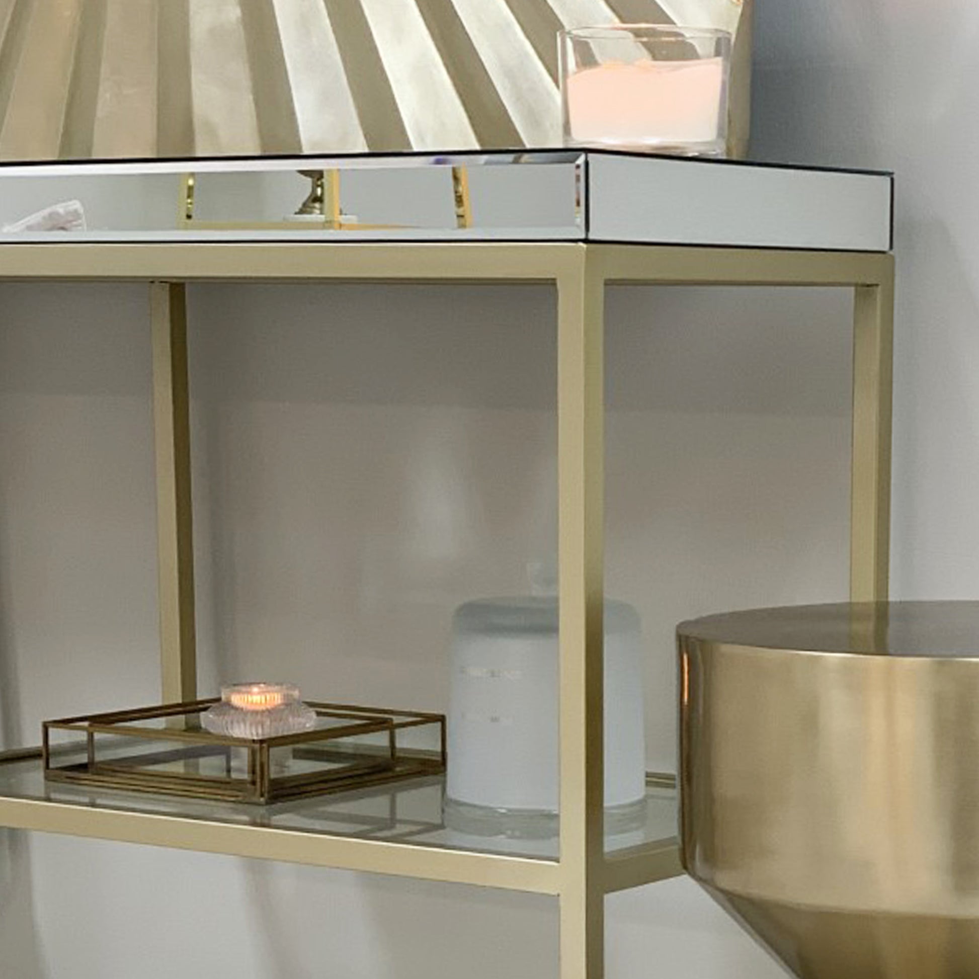 Loch Mirrored Top Console Table With Champagne Gold Legs