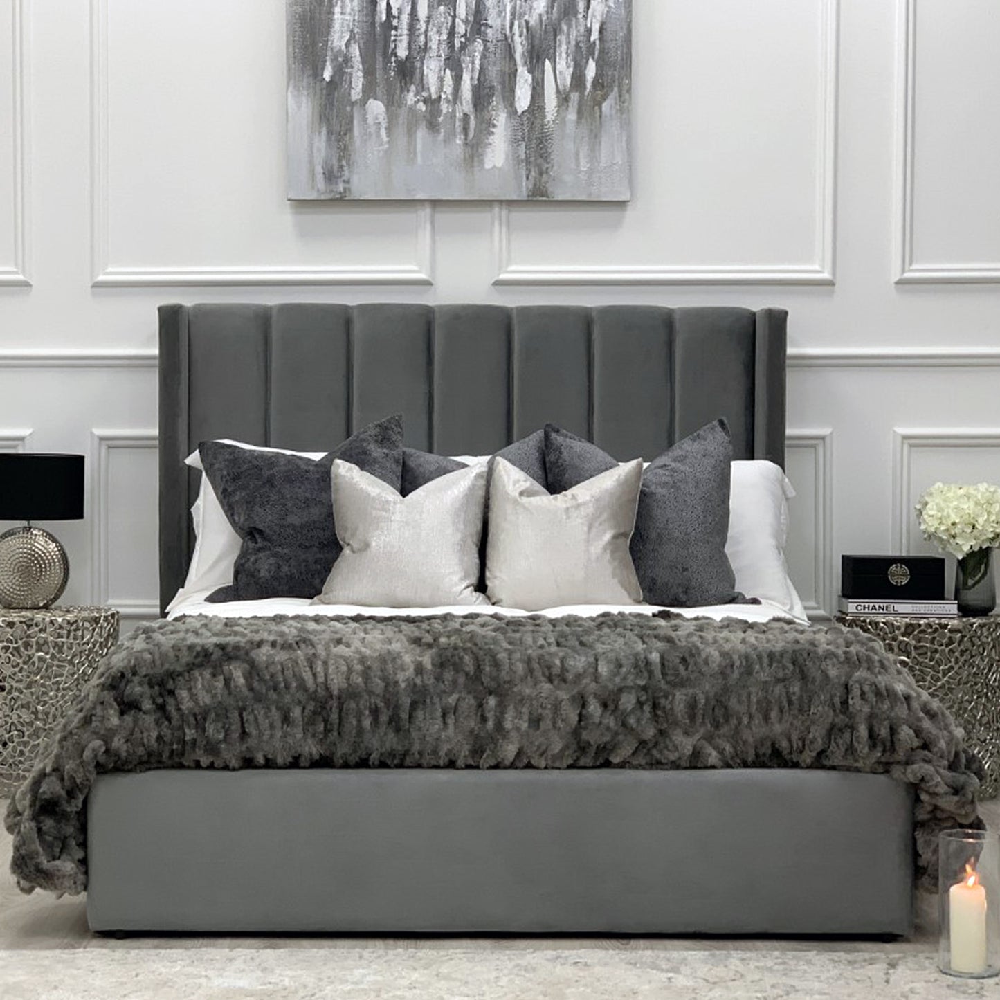 Mika Grey Velvet Wingback Bed with Ottoman Storage