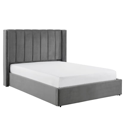 Mika Grey Velvet Wingback Bed with Ottoman Storage