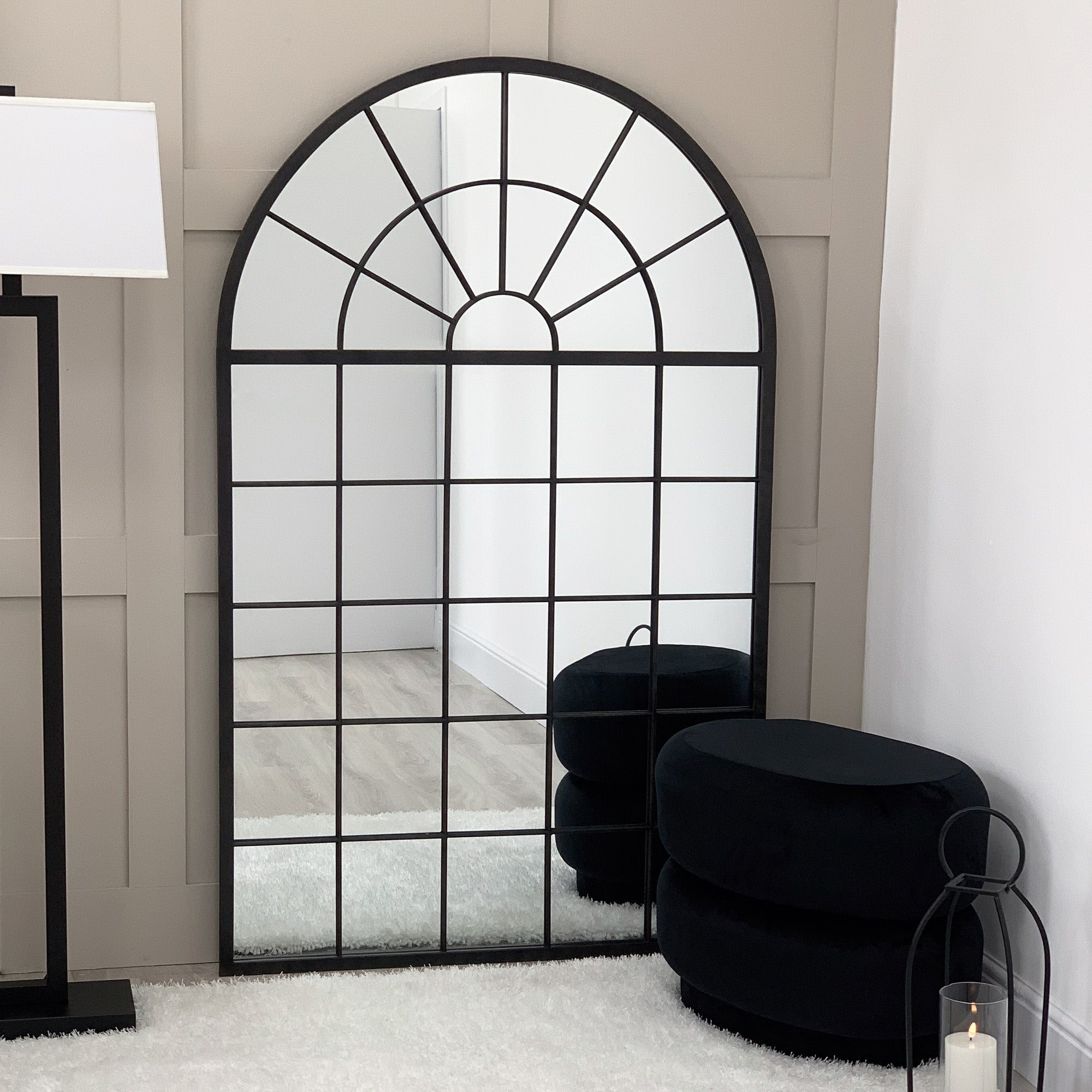 Large Black Arched Window Style Mirror