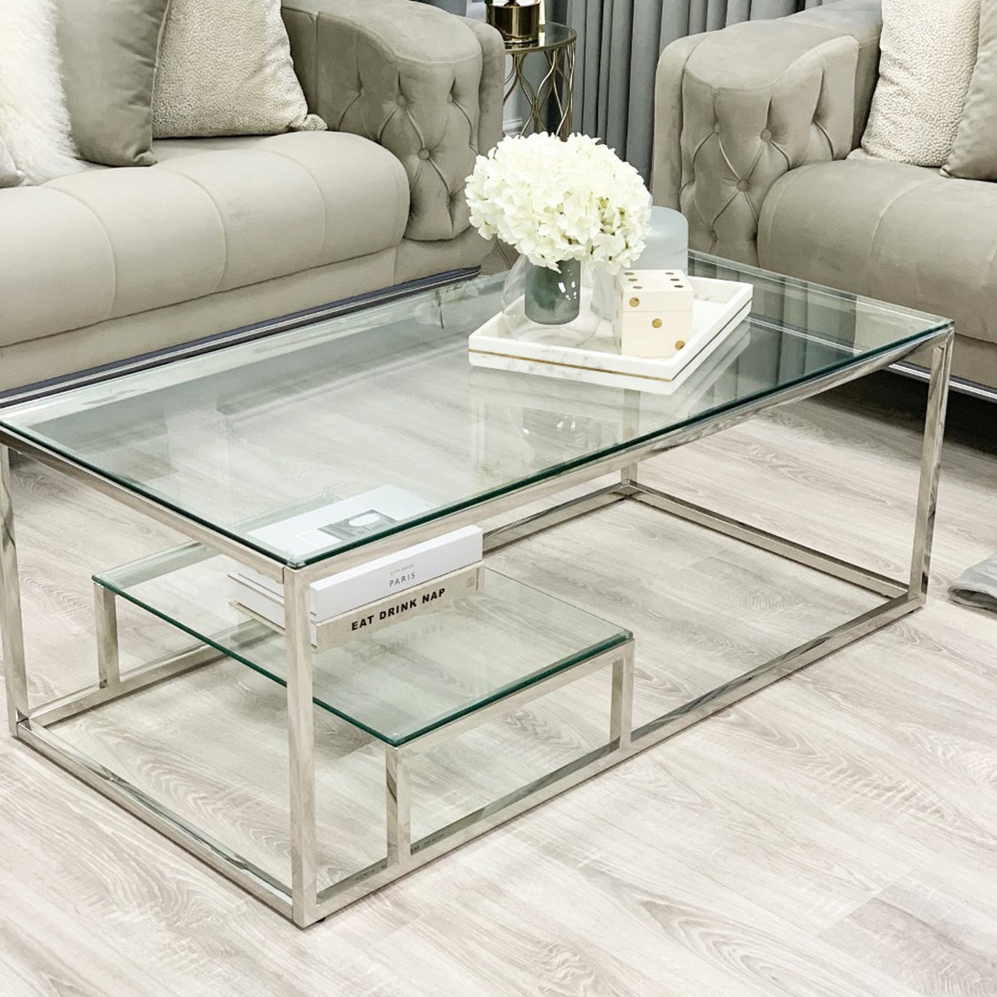 Enzo Minimalist Glass Coffee Table With Silver frame