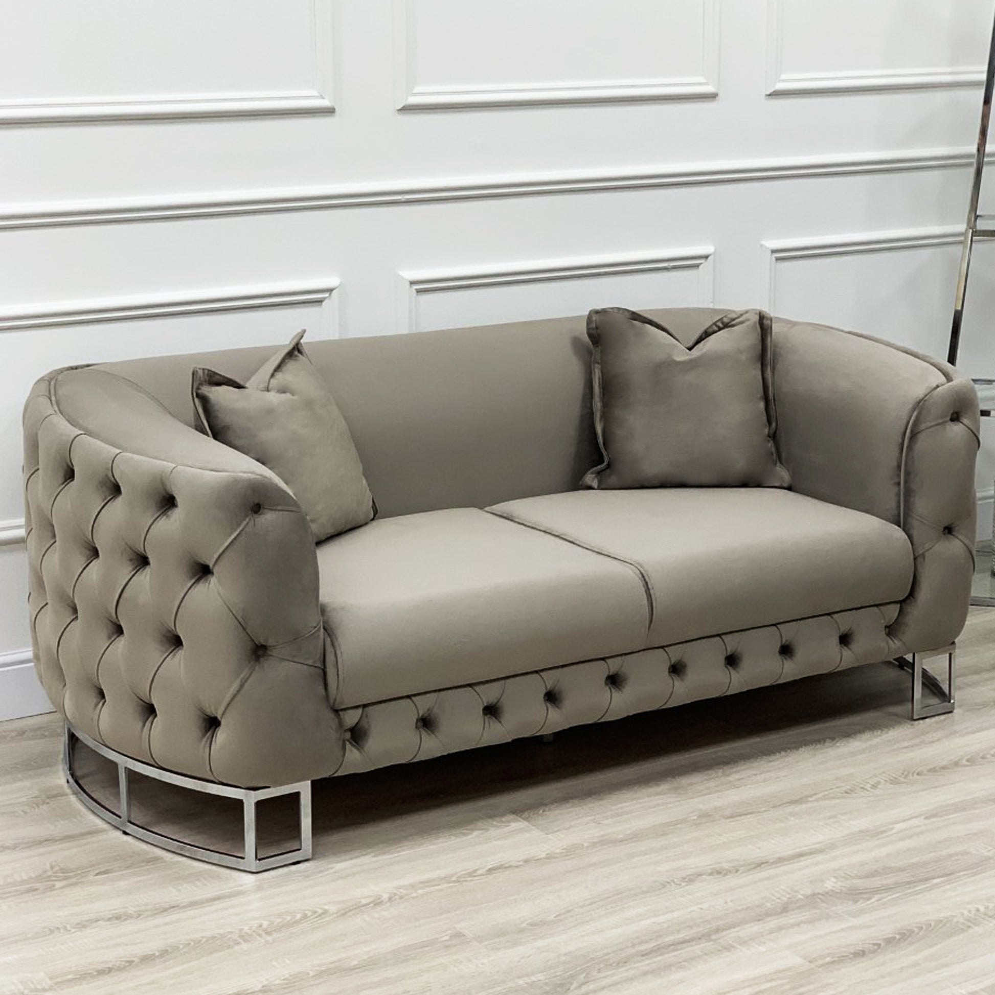Truffle Velvet Curved Sofa with Silver Legs 2 seater