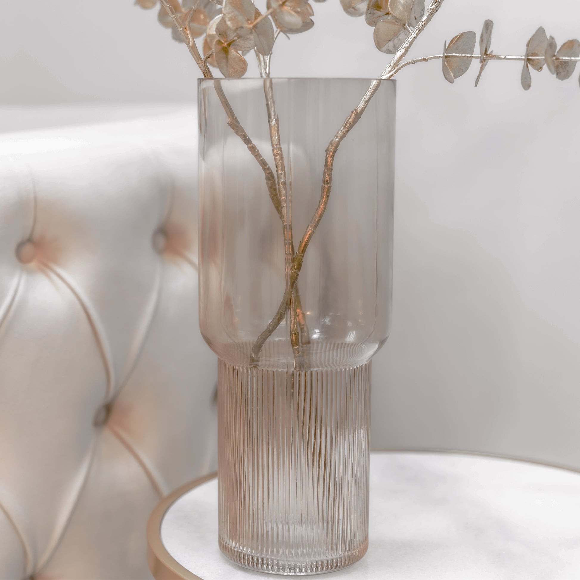 Ribbed Tall Glass Vase in Warm Beige